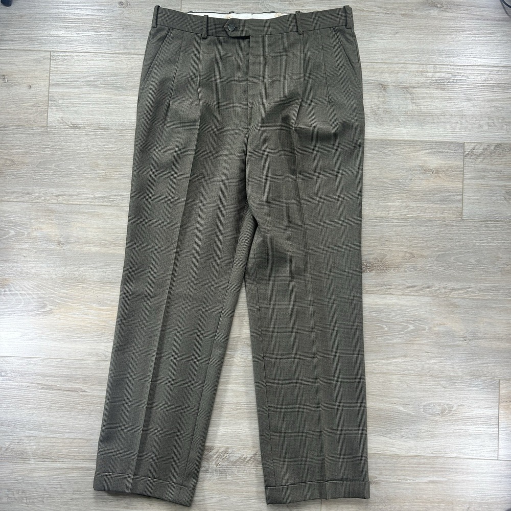 Vintage J.RIGGINS Men's Size 37 Long Brown Plaid Wool Blend Pleated Cuff Pants - Picture 3 of 14